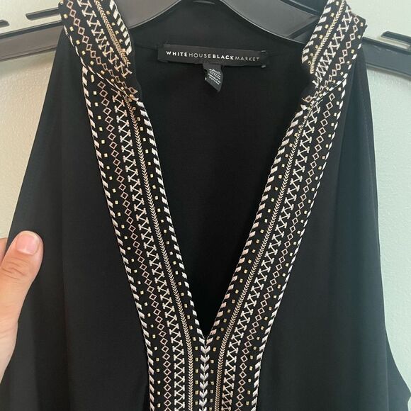 White House Black Market Deep V Neck Black Embroidered Shift Dress SZ M - Picture 2 of 7